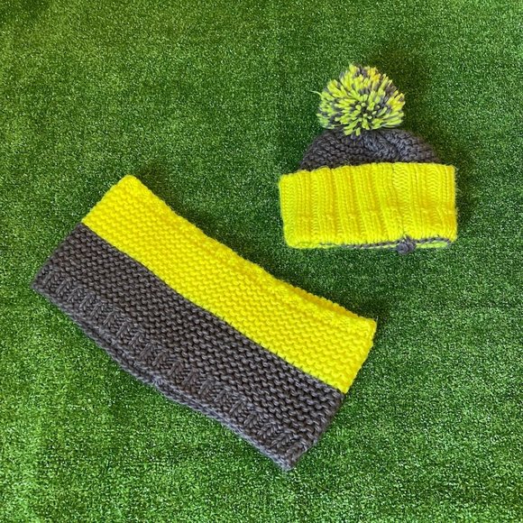 Knitted Beanie Winter Hat w/Pom-Pom and Infinite Scarf Yellow Neon Grey Kids Set - Picture 1 of 7